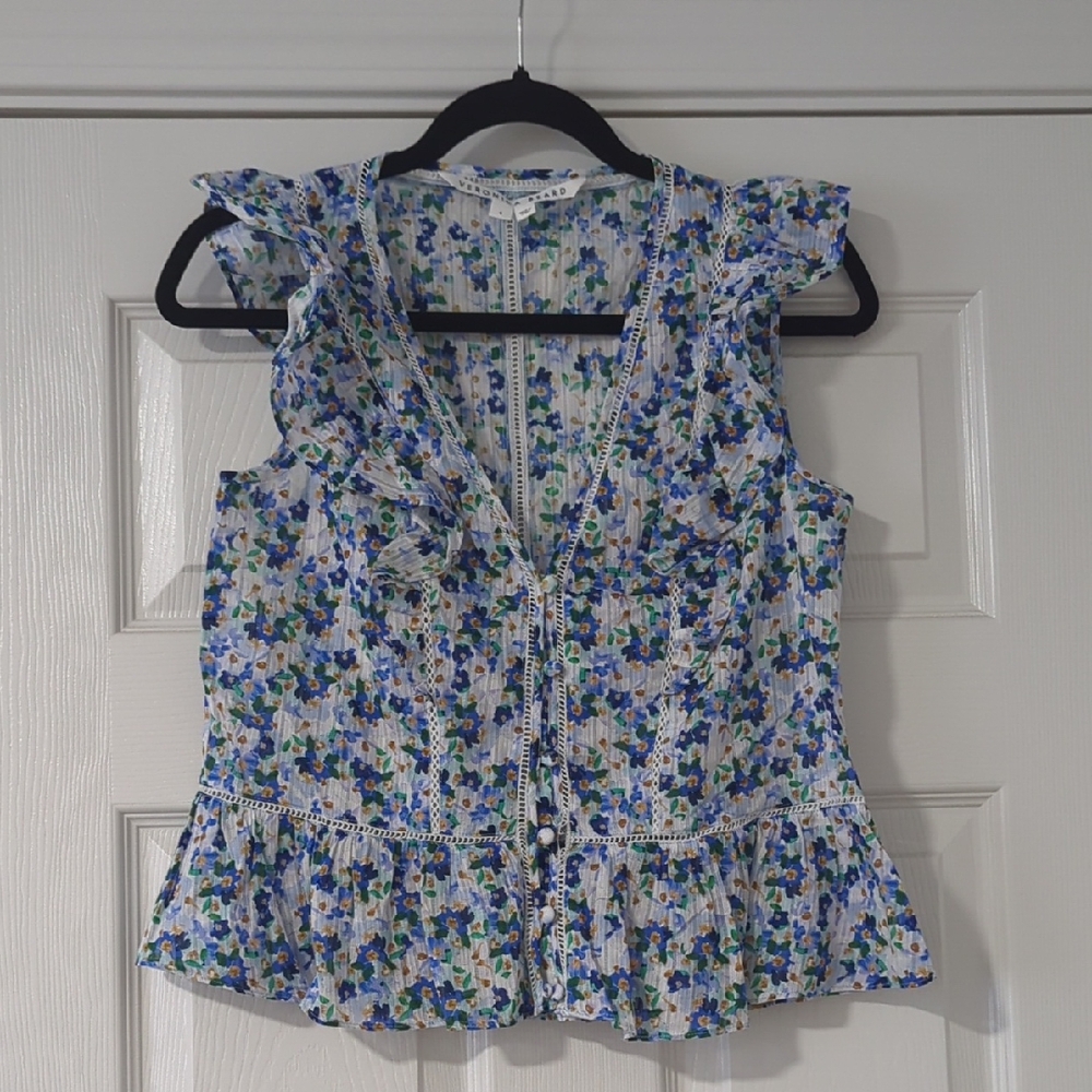 Veronica Beard Blue Floral Ruffle Button-Front Sleeveless Top